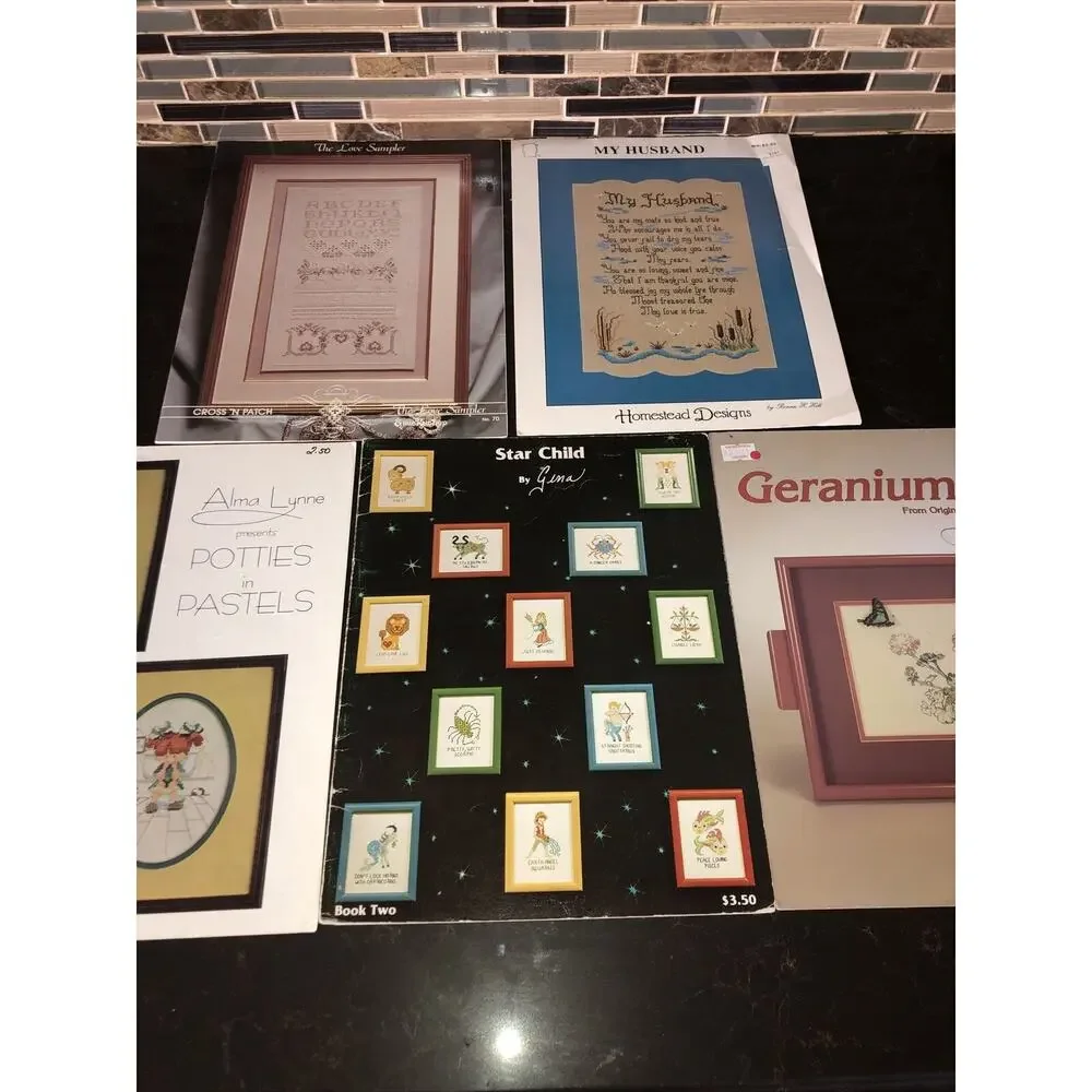 Lot Of 5 Vtg Christian cross stitch patterns Love Sampler My Husband Geranium